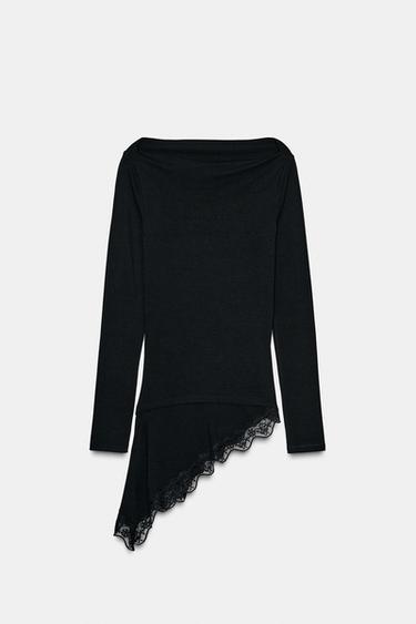 T-SHIRT À BAS ASYMÉTRIQUE EN DENTELLE - Noir de Zara - Image 7