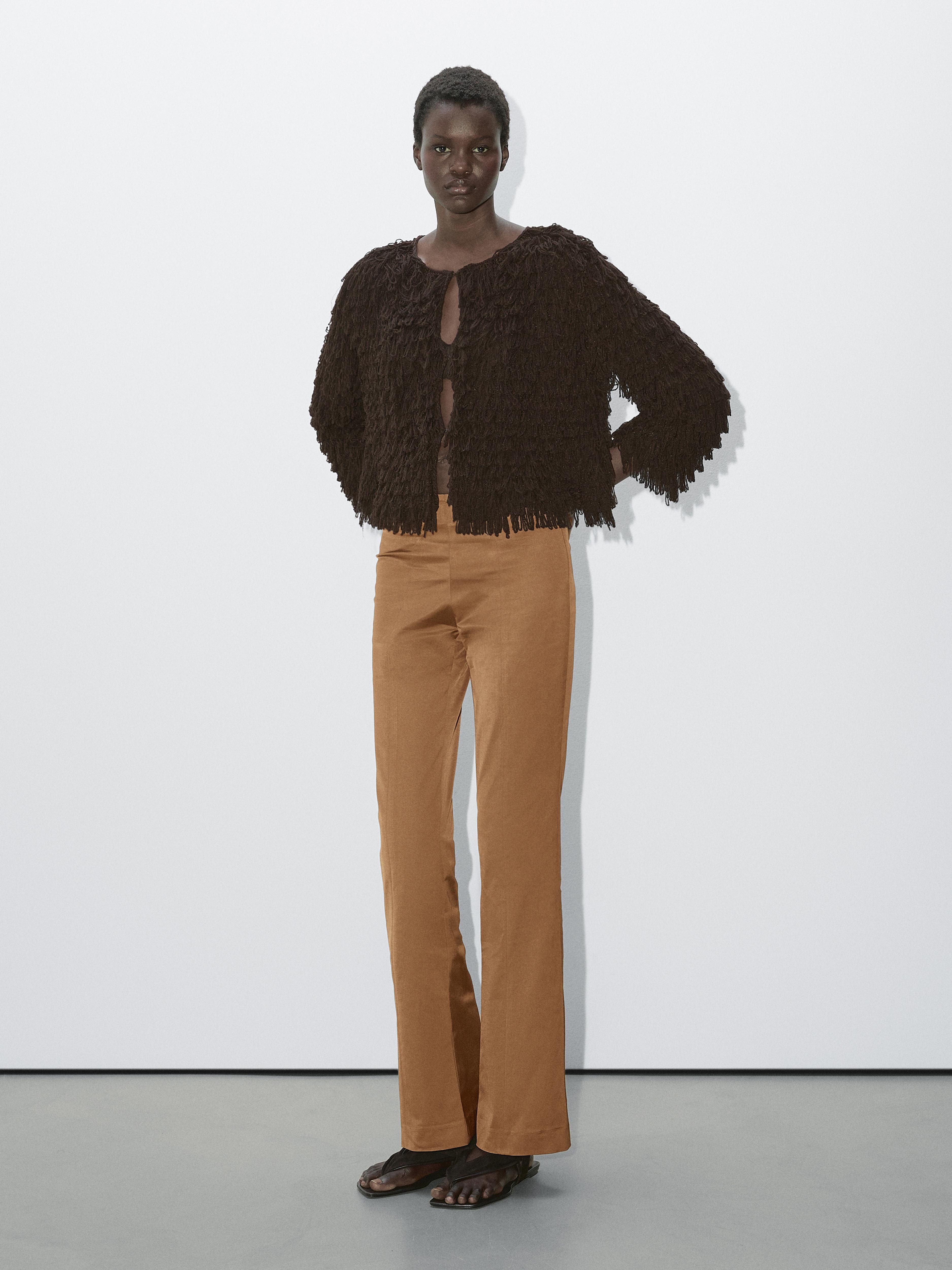 Knit cardigan with fringing - Studio - Chocolate | ZARA