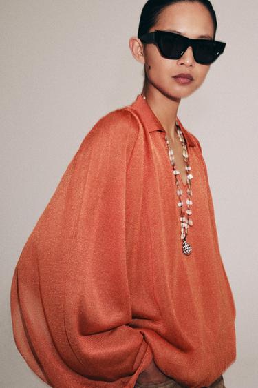 KNIT POLO COLLAR TOP - Orange by Zara