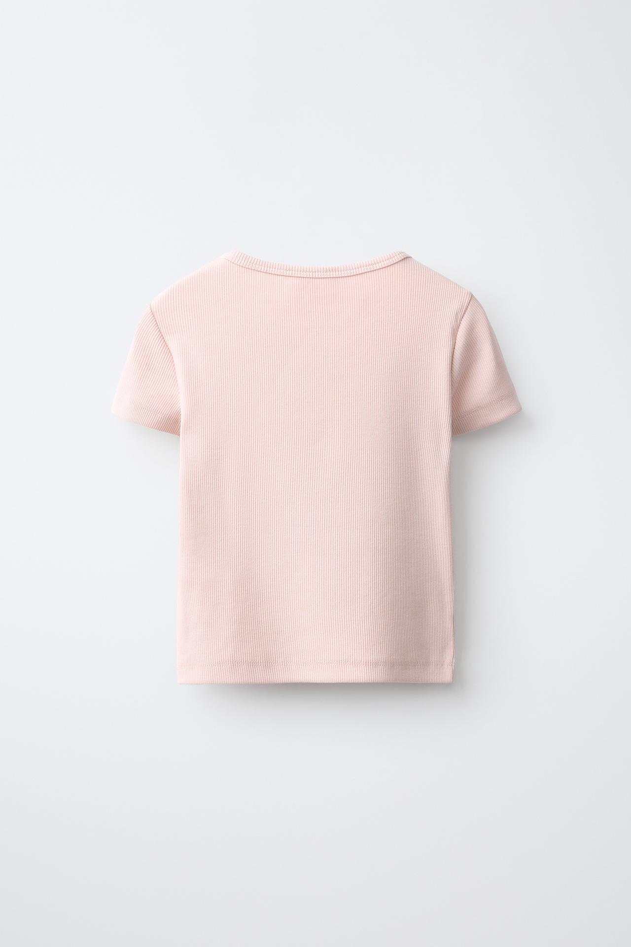 BEADED EMBROIDERED RIB T-SHIRT — Pink