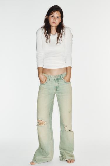 Zara TRF MID-RISE RIPPED JEANS - Blue / Green