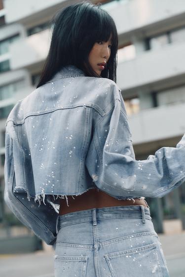 Zara TRF 鑲鑽短版牛仔外套 - 藍色