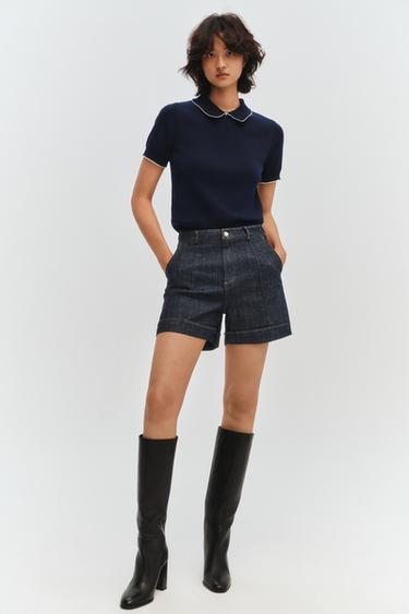 Zara 邊飾短袖針織衫 - 海藍色