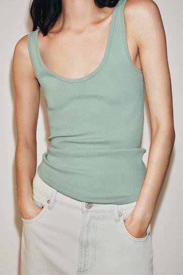 COTTON VEST TOP - Green / Blue by Zara