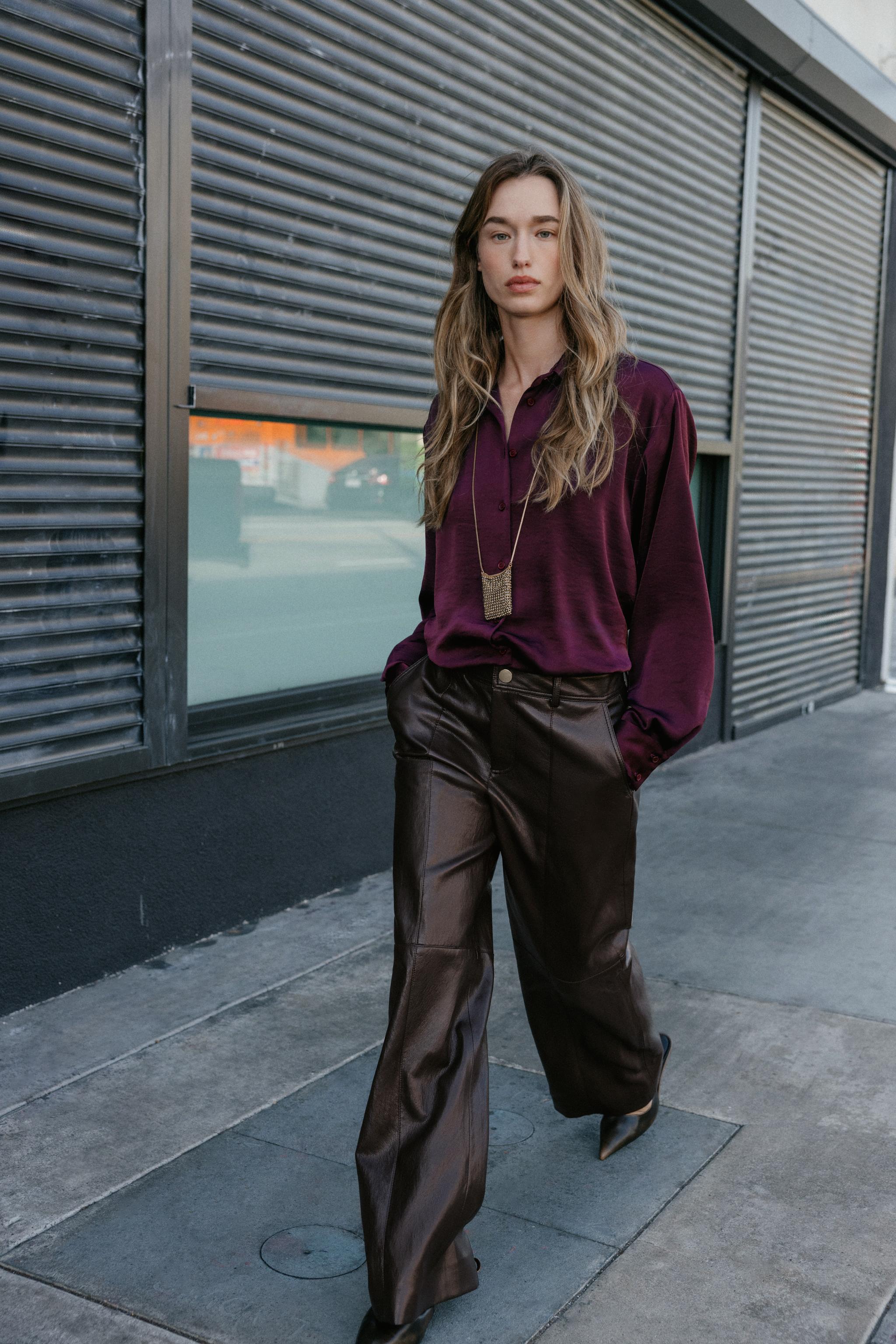 Zara - Satin Effect Balloon Shirt - Burgundy - S - Woman Zara - Satin Effect Balloon Shirt - Burgundy - S - Woman