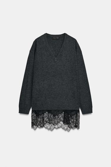 Zara LONG COMBINATION LACE KNIT JUMPER - Gray