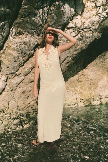 MIDI DRESS WITH PLEATS AND LACE - Beige marl by Zara - Image 0