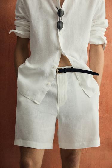 REGULAR FIT 100% LINEN BERMUDA SHORTS - White by Zara
