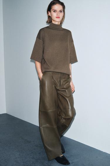 PANTALÓN PIEL RECTO ZW COLLECTION LIMITED EDITION - Khaki oscuro de Zara