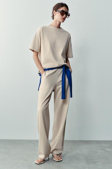 Zara STRAIGHT-LEG COTTON PANTS - Sand