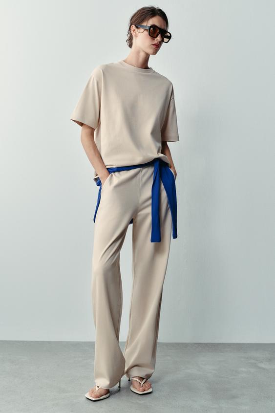 Zara STRAIGHT-LEG COTTON PANTS - Sand - Image 0