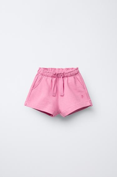 Zara BASIC EMBROIDERED FLOWER PLUSH SHORTS - Pink