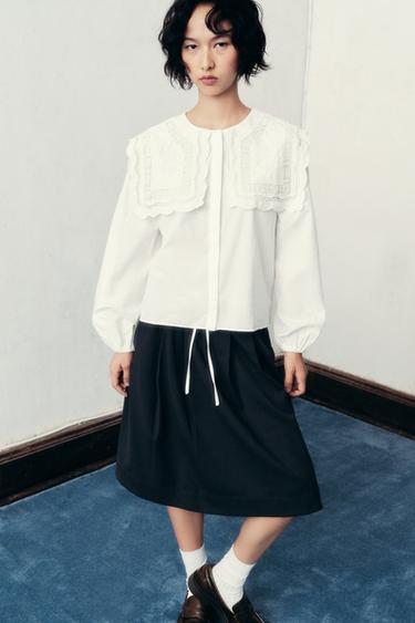 ZW COLLECTION EMBROIDERED COLLAR POPLIN SHIRT - Oyster-white by Zara - Image 0