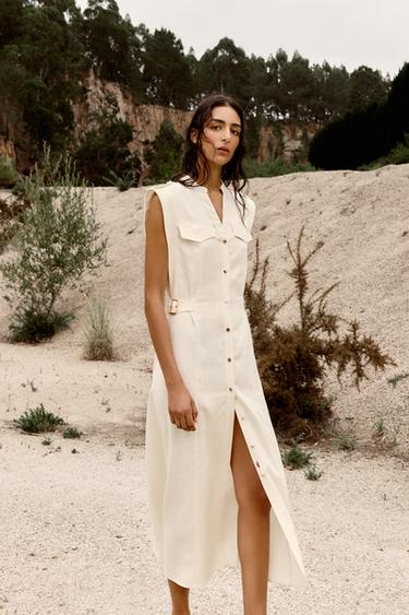 שמלת מידי מתערובת פשתן עם לולאות חגורה - בז' של Zara