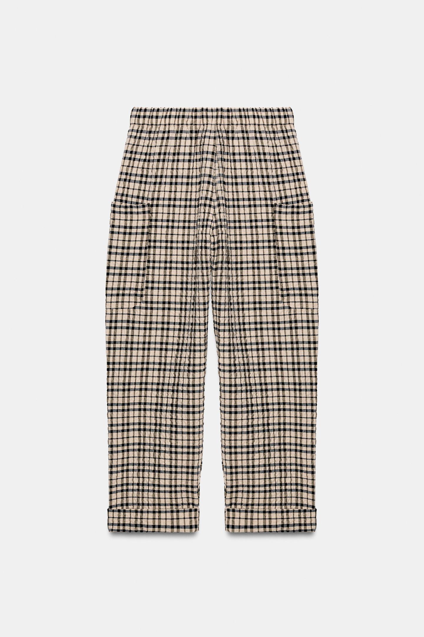 Женские брюки Zara Plaid Pants with Elastic Waistband, цвет: Песочный / Коричневый — фото 6