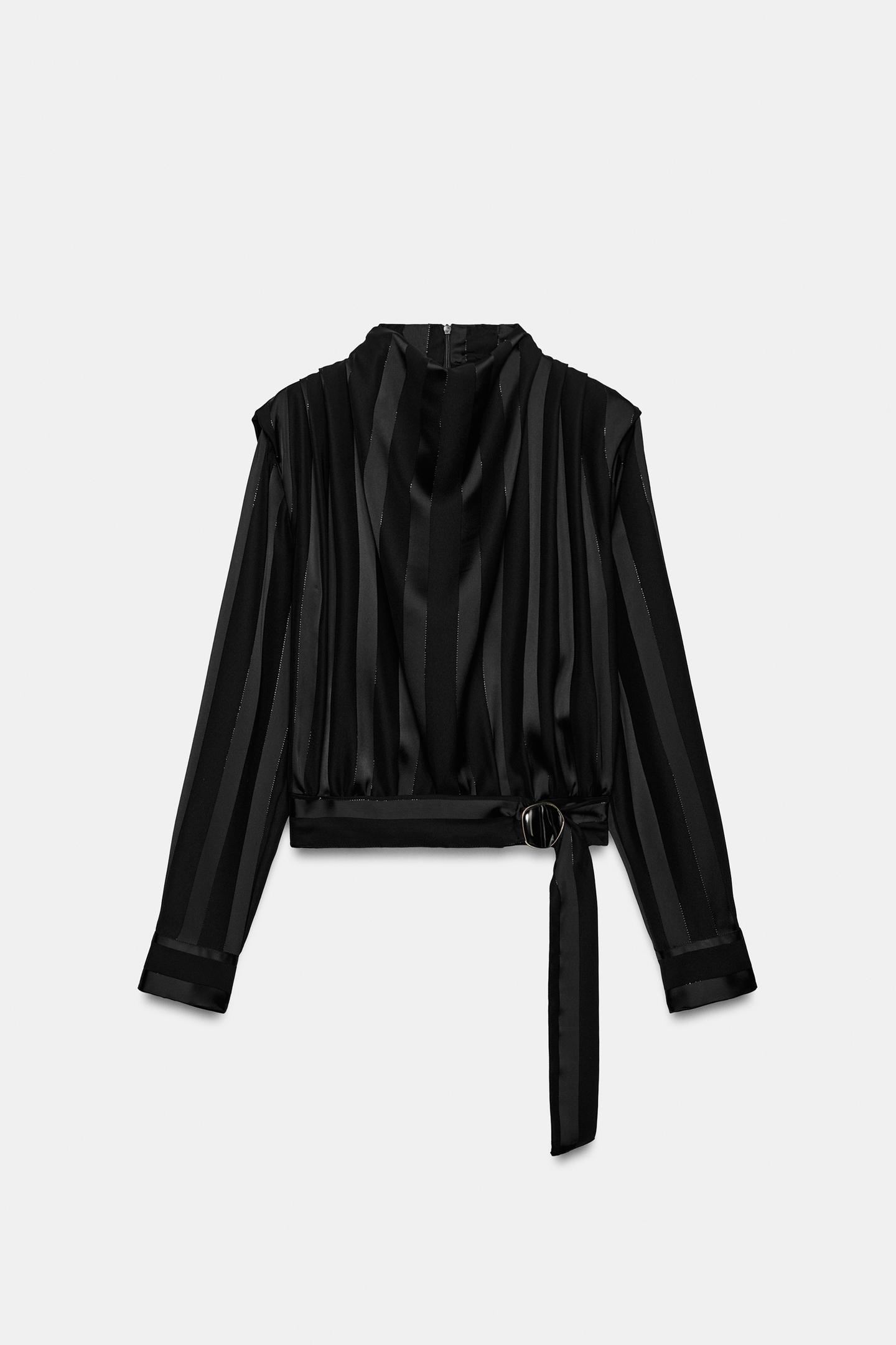 Женская блузка Zara Striped Metallic Yarn Belted, цвет: Чёрный — фото 8