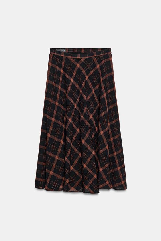 CHECK MIDI SKIRT - BLACK/ORANGE by Zara - Image 0