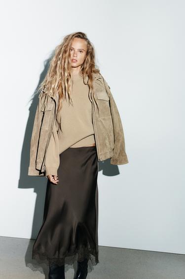 JUPE MIDI SATINÉE DENTELLE - Marron chocolat de Zara - Image 0