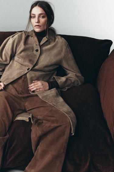 Zara 100% SUEDE PLEATED PANTS LIMITED EDITION - Brown / Taupe