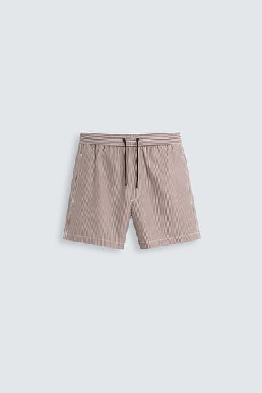 Zara SEERSUCKER MID-LENGTH SWIMSUIT - Maroon