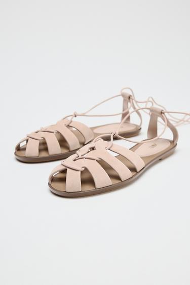 SANDALES STYLE PLAGE NOUÉES EN CROÛTE DE CUIR - Rose de Zara - Image 4