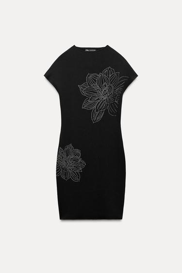 SHORT STRETCH KNIT DRESS WITH EMBELLISHMENTS - Black by Zara