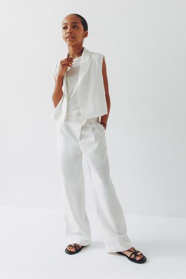 100% LINEN CROSSOVER WAIST WIDE-LEG TROUSERS - Ecru by Zara