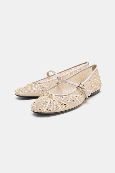 SHINY MESH BALLET FLATS - Beige by Zara - Image 1