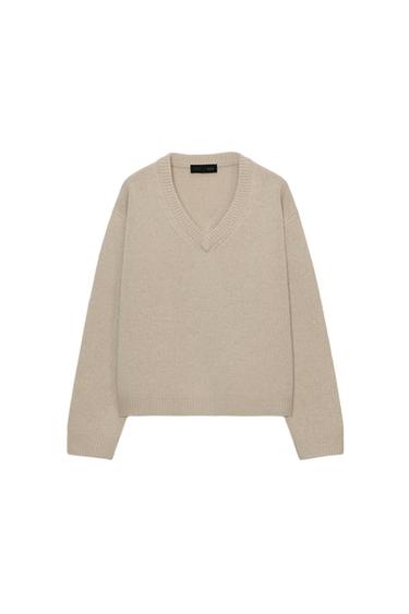 Zara 100% WOOL V-NECK JUMPER - Beige