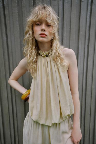 Zara 珠飾氣球繞頸吊帶上衣 - 裸色