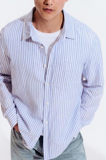 REGULAR FIT LINEN - COTTON SHIRT - Blue/White by Zara