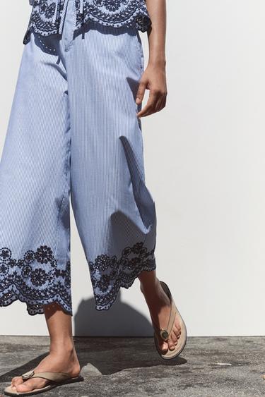 EMBROIDERED STRIPED CULOTTES - Blue / Indigo by Zara - Image 1