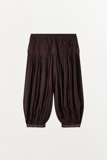 PANTALON BOUFFANT PLISSÉ CROCHET - Marron de Zara - Image 4