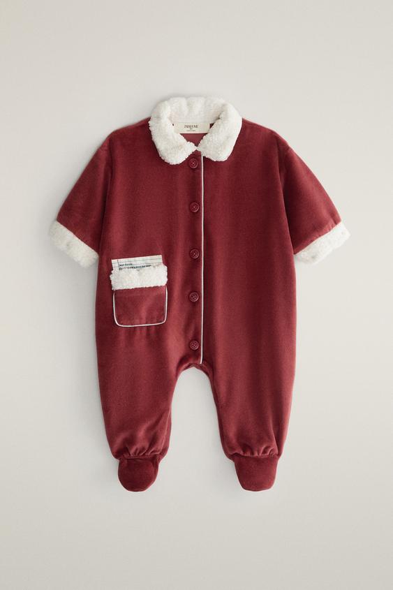 Zara BABY SANTA CLAUS CHRISTMAS FOOTED ROMPER - Red - Image 0