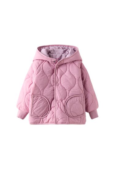 Front view of a pink padded jacket with a hood and rounded front pockets.