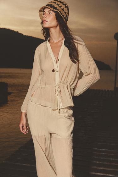 Zara WRINKLE EFFECT SEMI-SHEER SHIRT - Light beige