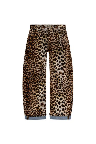 Front view of leopard print trousers, mid-rise, front and back pockets, zip and button fastening.
