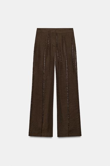 بنطلون مستقيم بمظهر لامع - بني الخاص بـ Zara