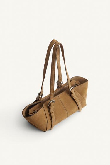 Zara LEATHER SHOULDER BAG - Medium Brown