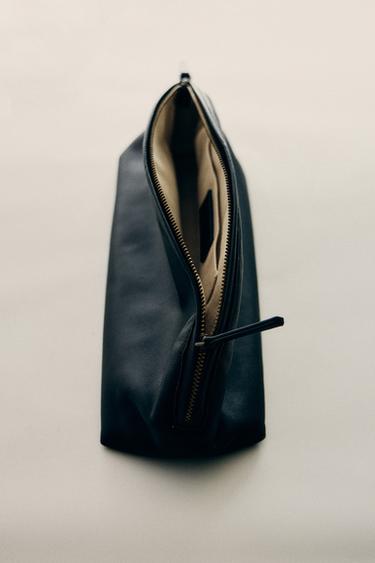 HALF-MOON NAPPA LEATHER SUEDE STEM MAKEUP BAG — Black 1