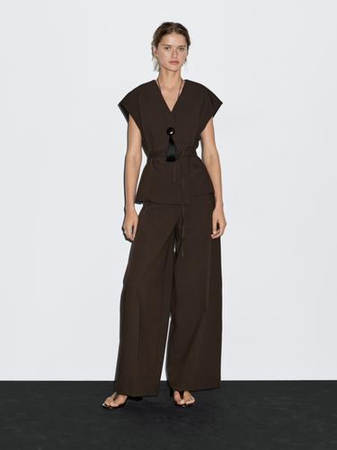 Pantalón wide leg tiro alto - Chocolate de Zara