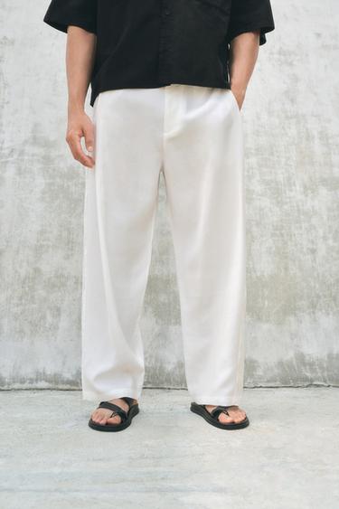 Zara 打褶混紡人造絲長褲 - 白色