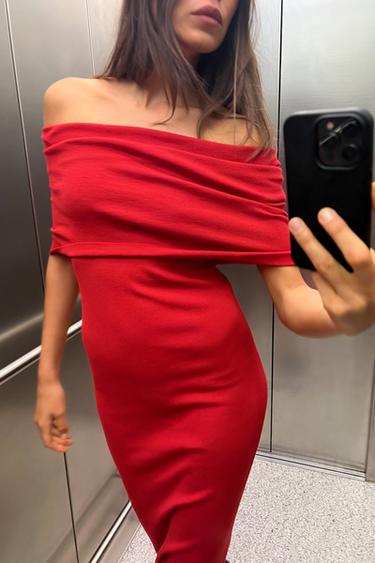OFF-THE-SHOULDER KNIT DRESS - Red by Zara
