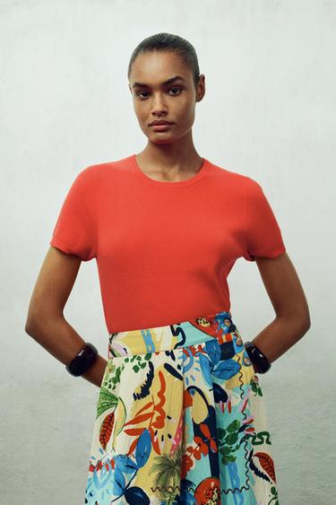 PLAIN KNIT SHORT SLEEVE TOP - Coral by Zara