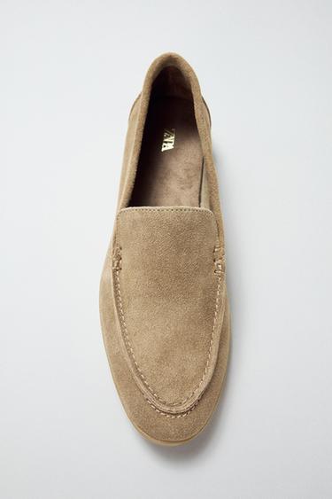 Zara 絨面真皮平底樂福鞋 - 沙棕色