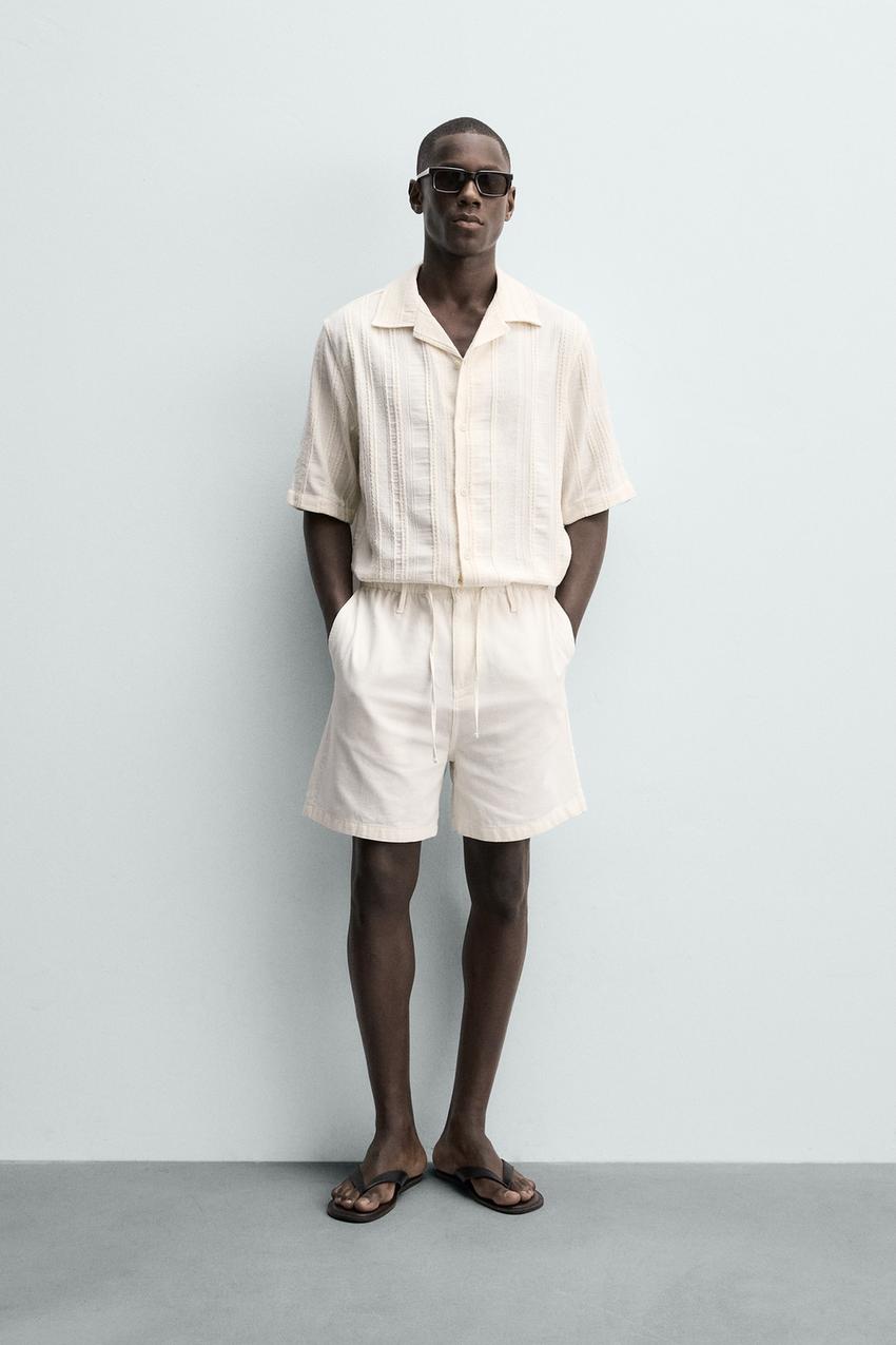 cotton dress shorts Mens Next Stone Belted Cotton Linen Blend 7 Inch Shorts 30W x 31L (UK 30 R)