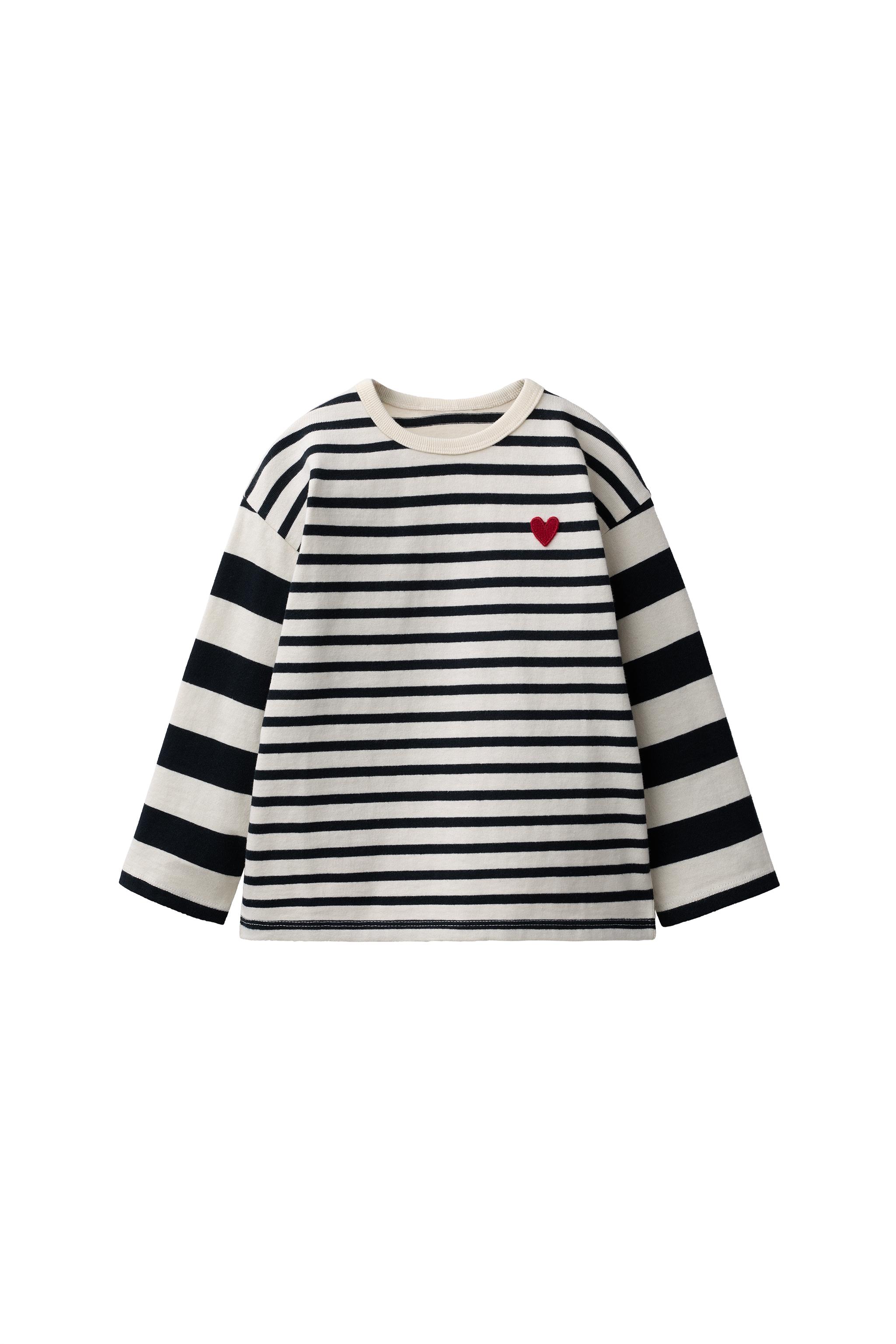 EMBROIDERED HEART STRIPED T-SHIRT — Black