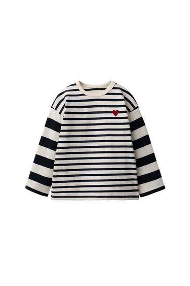 Zara EMBROIDERED HEART STRIPED T-SHIRT - Black - Image 0