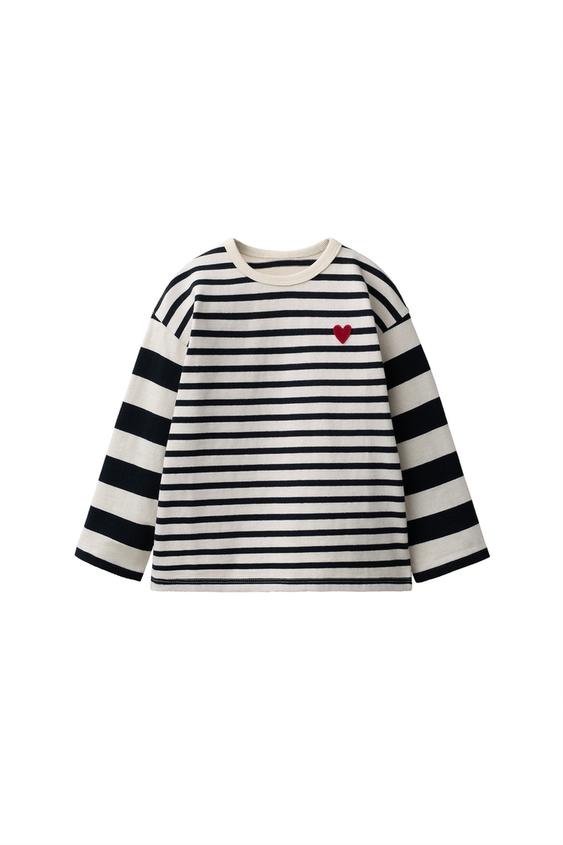 Zara EMBROIDERED HEART STRIPED T-SHIRT - Black - Image 0