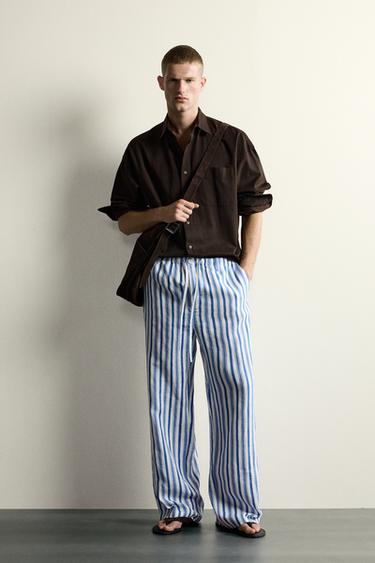 Zara ŠIROKE PANTALONE 100% LAN – mornarsko plava / bela